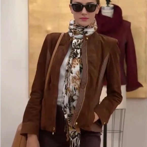 Isaac Mizrahi Suede & Lamb LeatherJacket w/ Quilted Details Saddle Brown SZ 14 - Picture 4 of 16